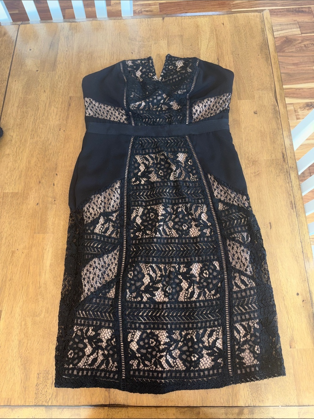Adelyn Rae Black Lace Strapless Dress with Nude Underlay
